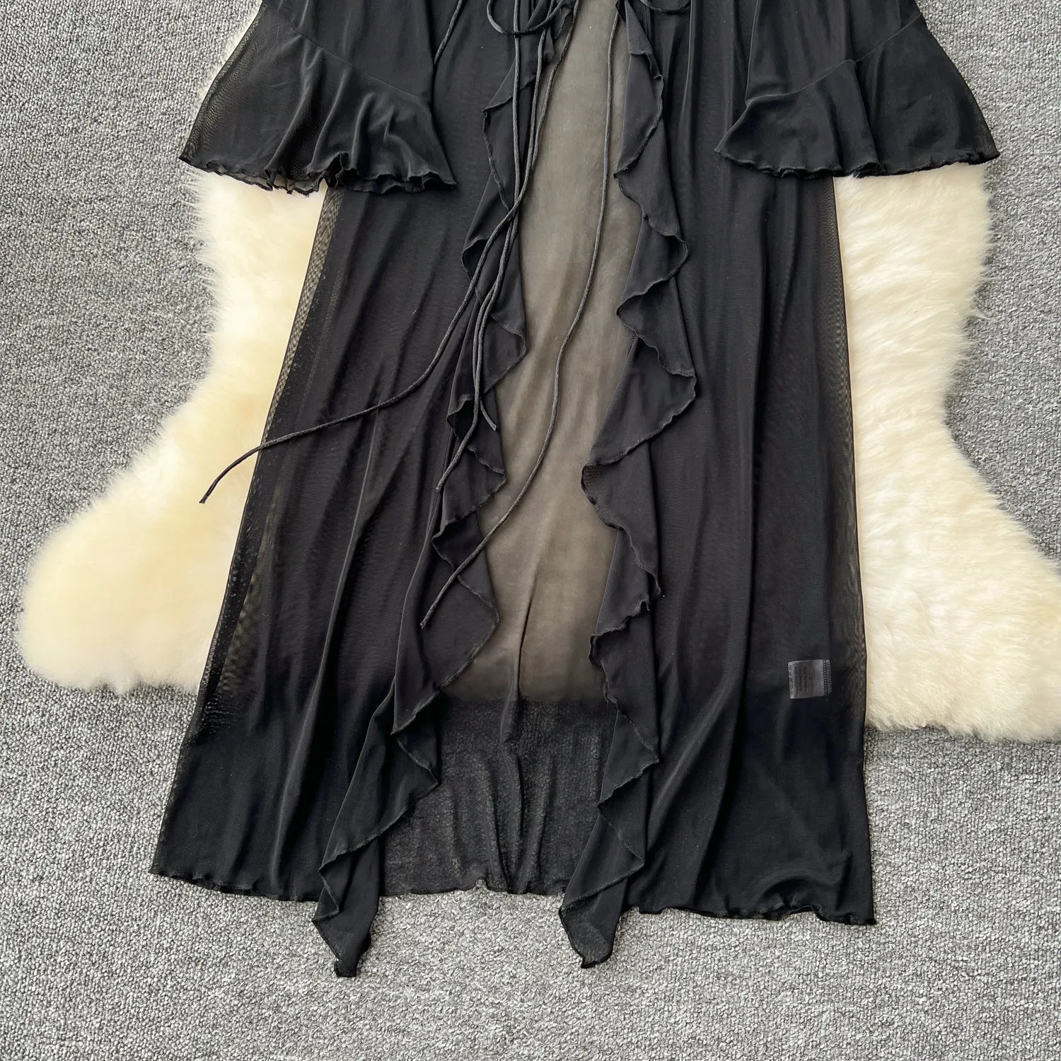 Lace-up Black Ruffled Mesh Cardigan