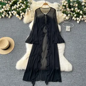 Lace-up Black Ruffled Mesh Cardigan