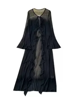Lace-up Black Ruffled Mesh Cardigan