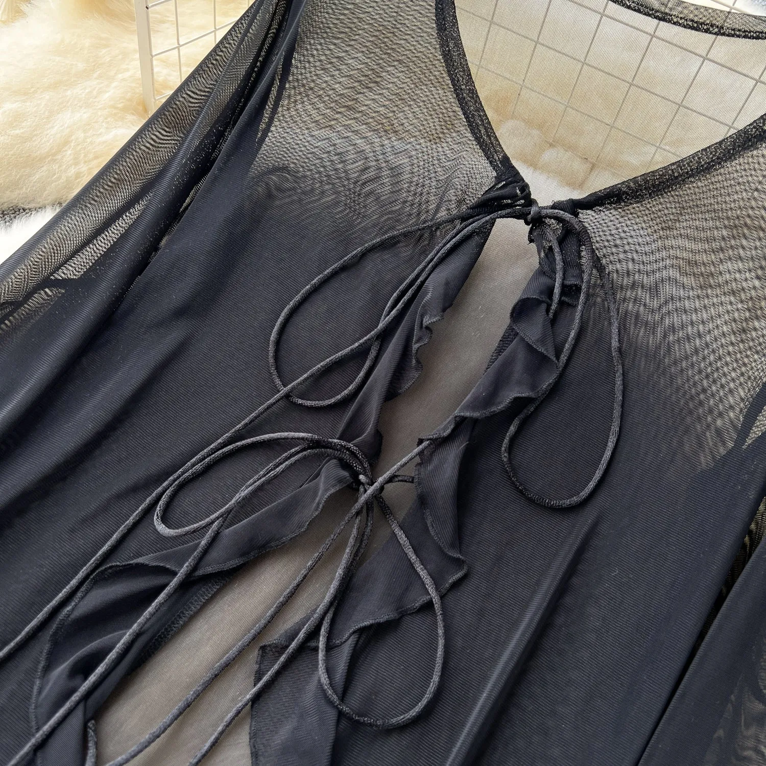 Lace-up Black Ruffled Mesh Cardigan