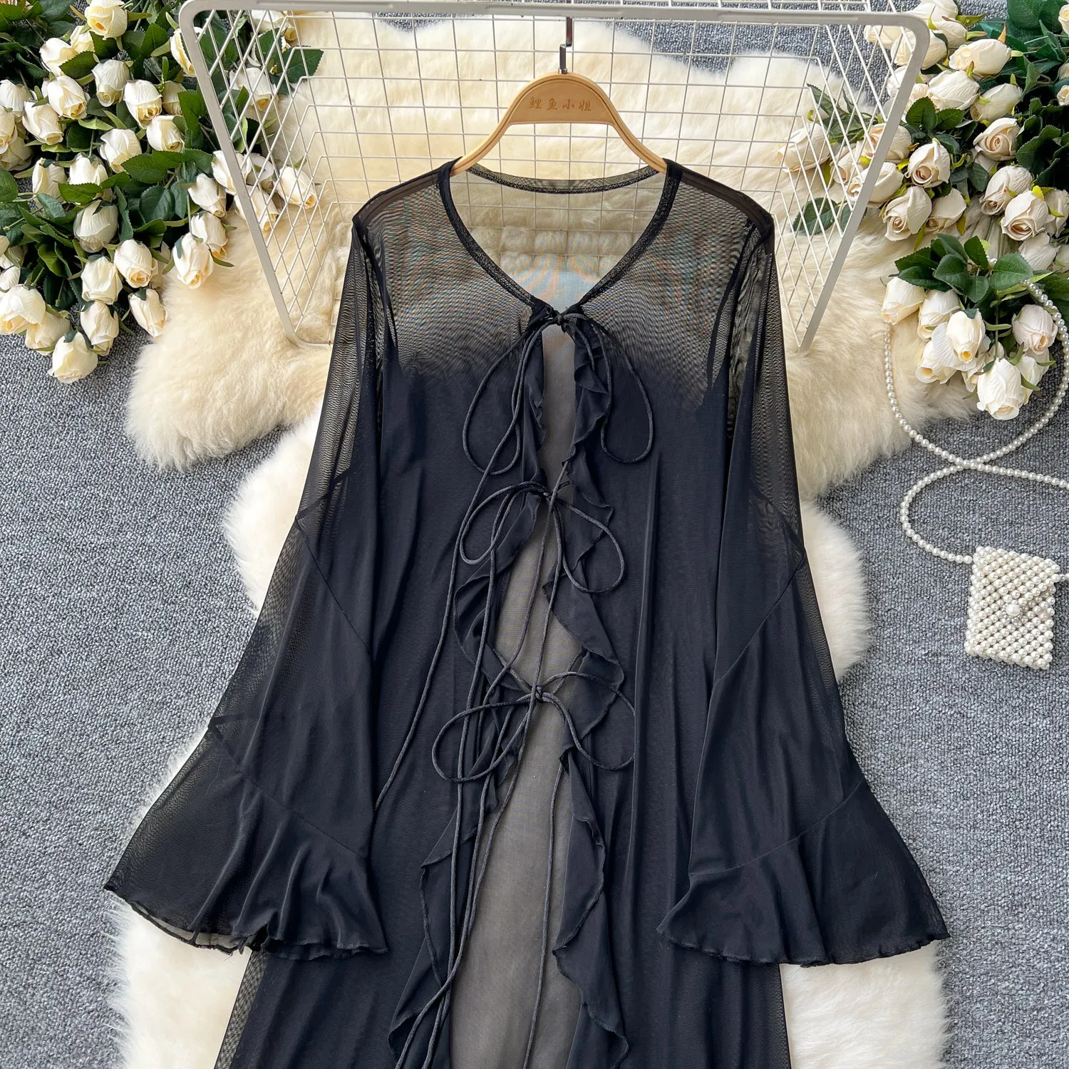 Lace-up Black Ruffled Mesh Cardigan
