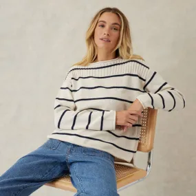 Ladder Stitch Knit - Ecru   Navy Stripe