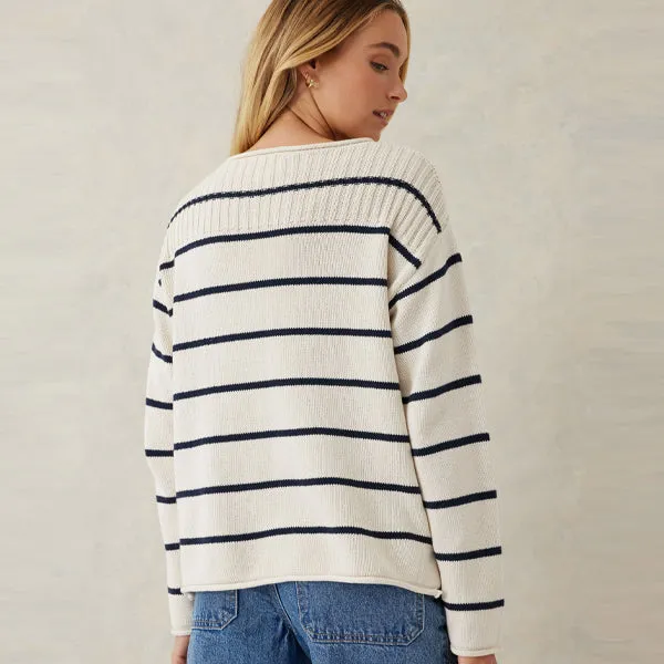Ladder Stitch Knit - Ecru   Navy Stripe
