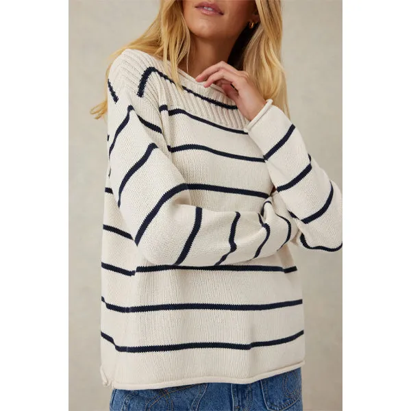 Ladder Stitch Knit - Ecru   Navy Stripe