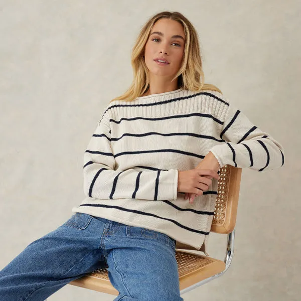Ladder Stitch Knit - Ecru   Navy Stripe