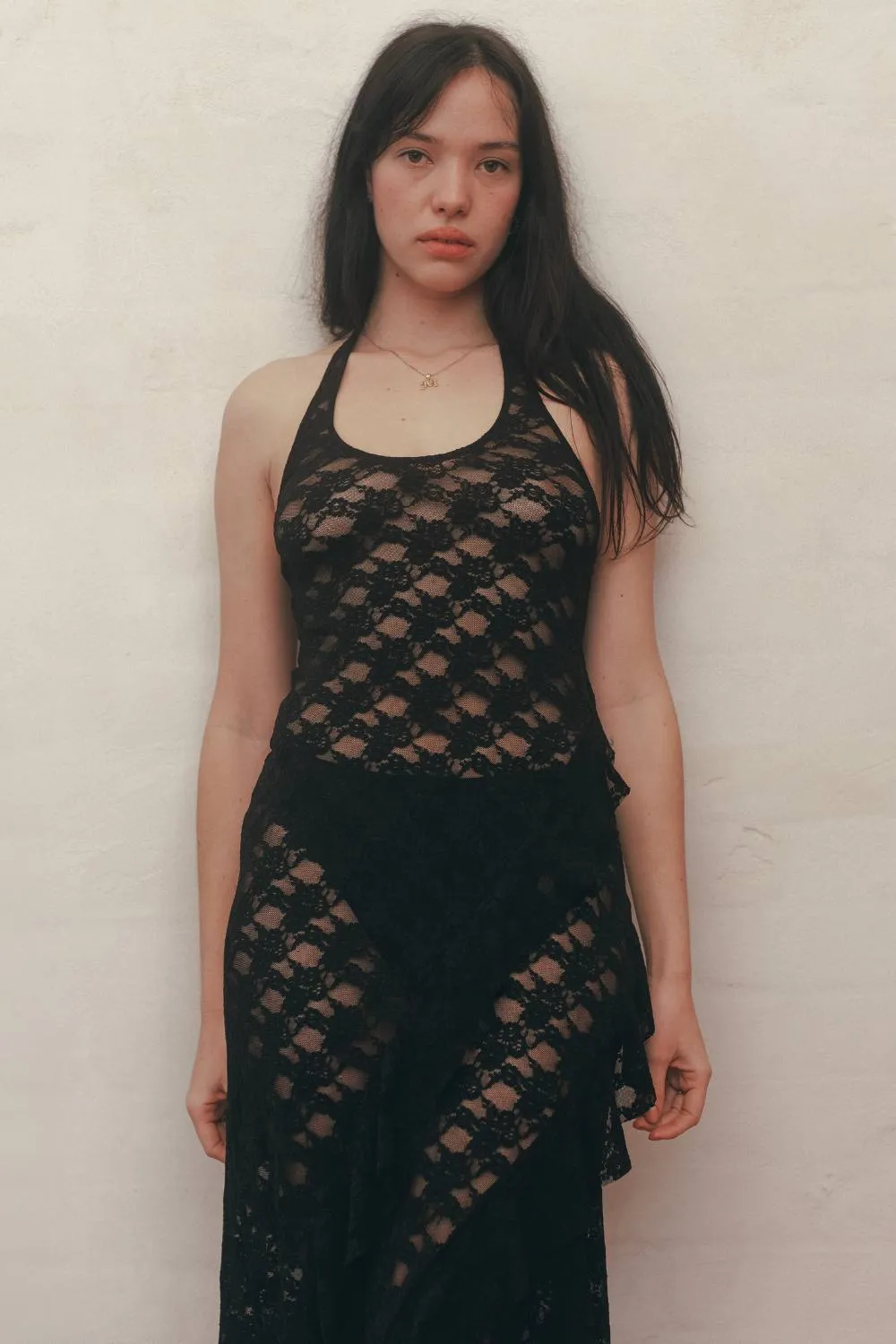 LANI LACE HALTER DRESS | BLACK