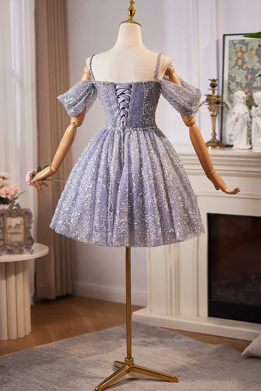 Lovely A-Line Tulle Sequins Knee Length Prom Dress, Off the Shoulder Evening Party Dress