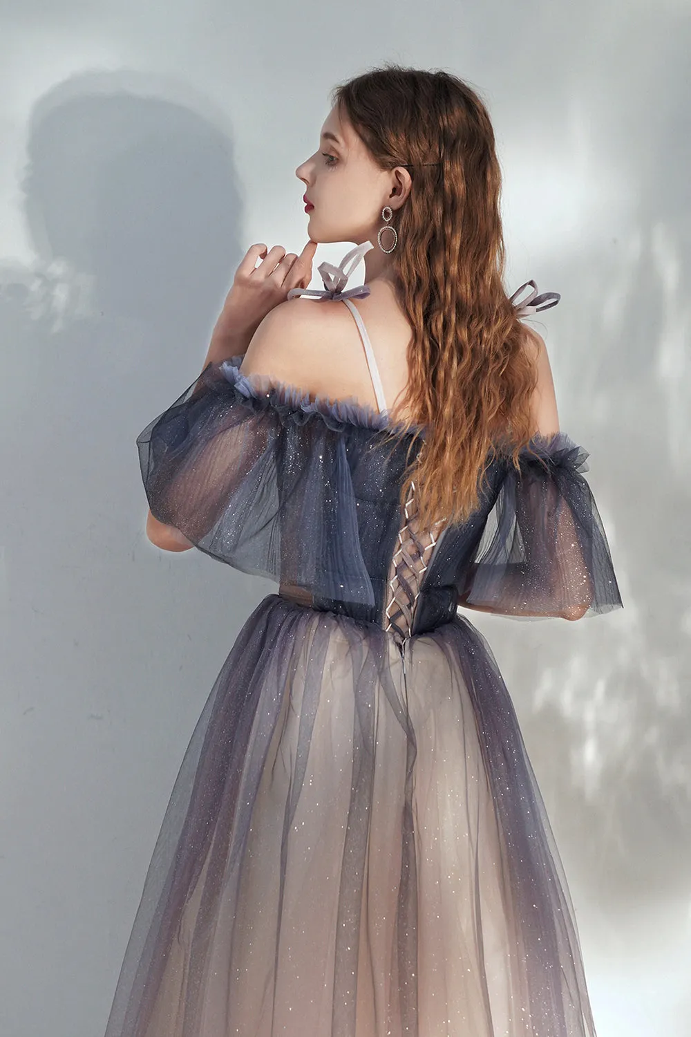 Lovely Spaghetti Straps Lace Long Prom Dress, A-Line Evening Dress