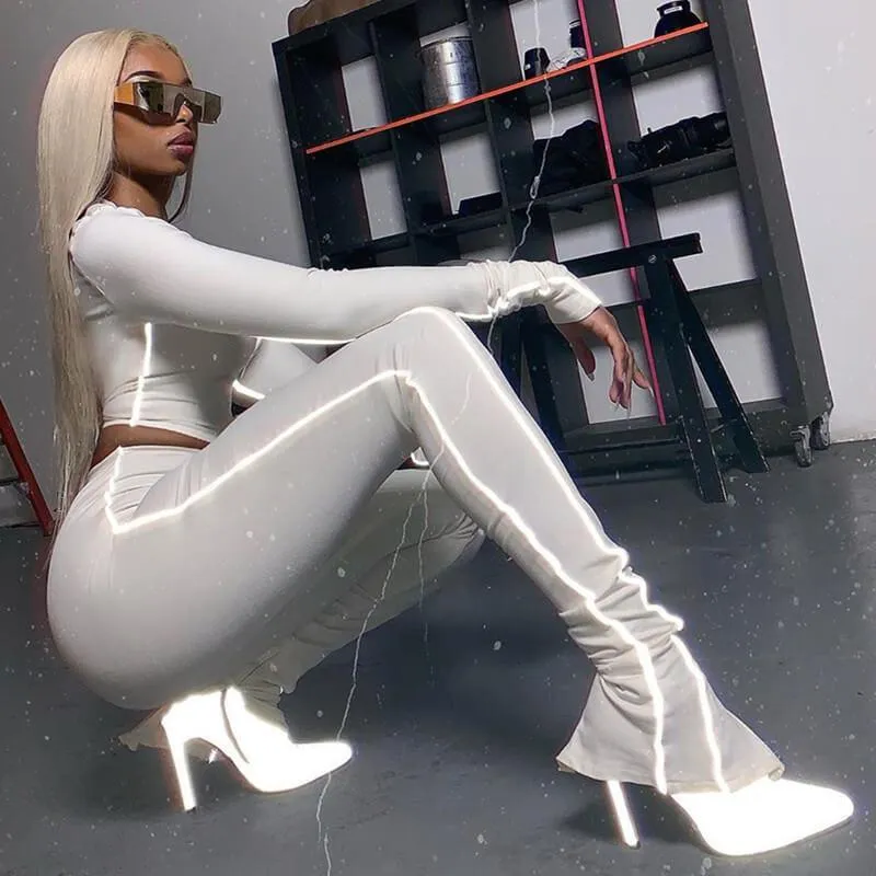 Low Neck Bodycon Skinny Long Sleeve Blouse Pants Sets