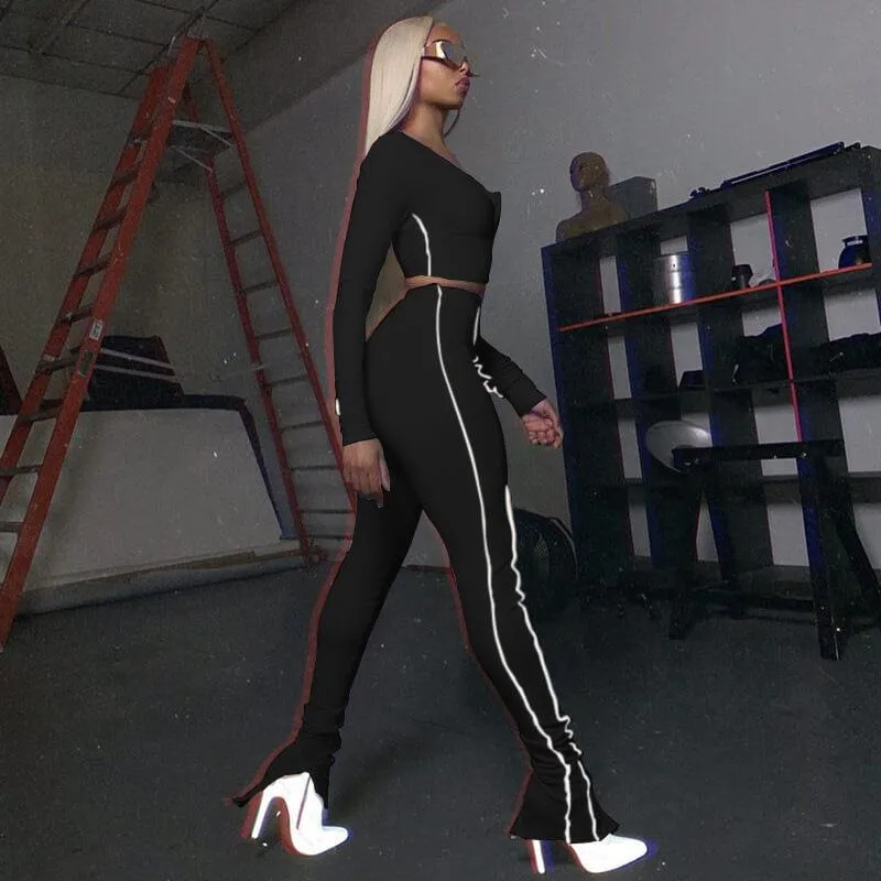 Low Neck Bodycon Skinny Long Sleeve Blouse Pants Sets