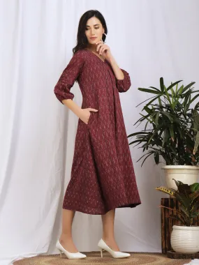 Maroon Ikat Cotton 'Amara' Midi Dress