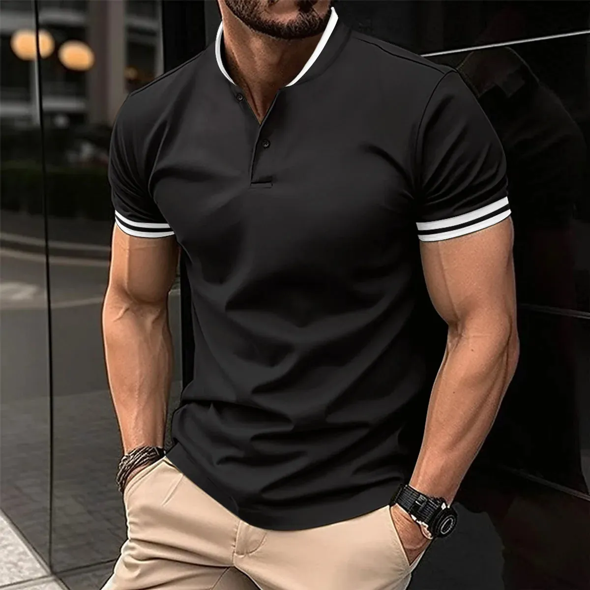 Men's Casual Short Sleeve Polo Shirt-Summer Stand Collar Polo