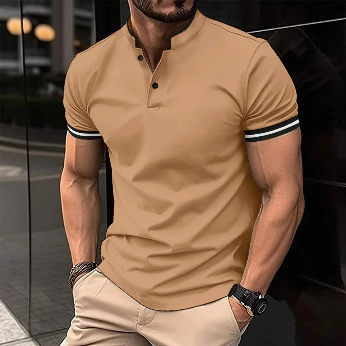Men's Casual Short Sleeve Polo Shirt-Summer Stand Collar Polo