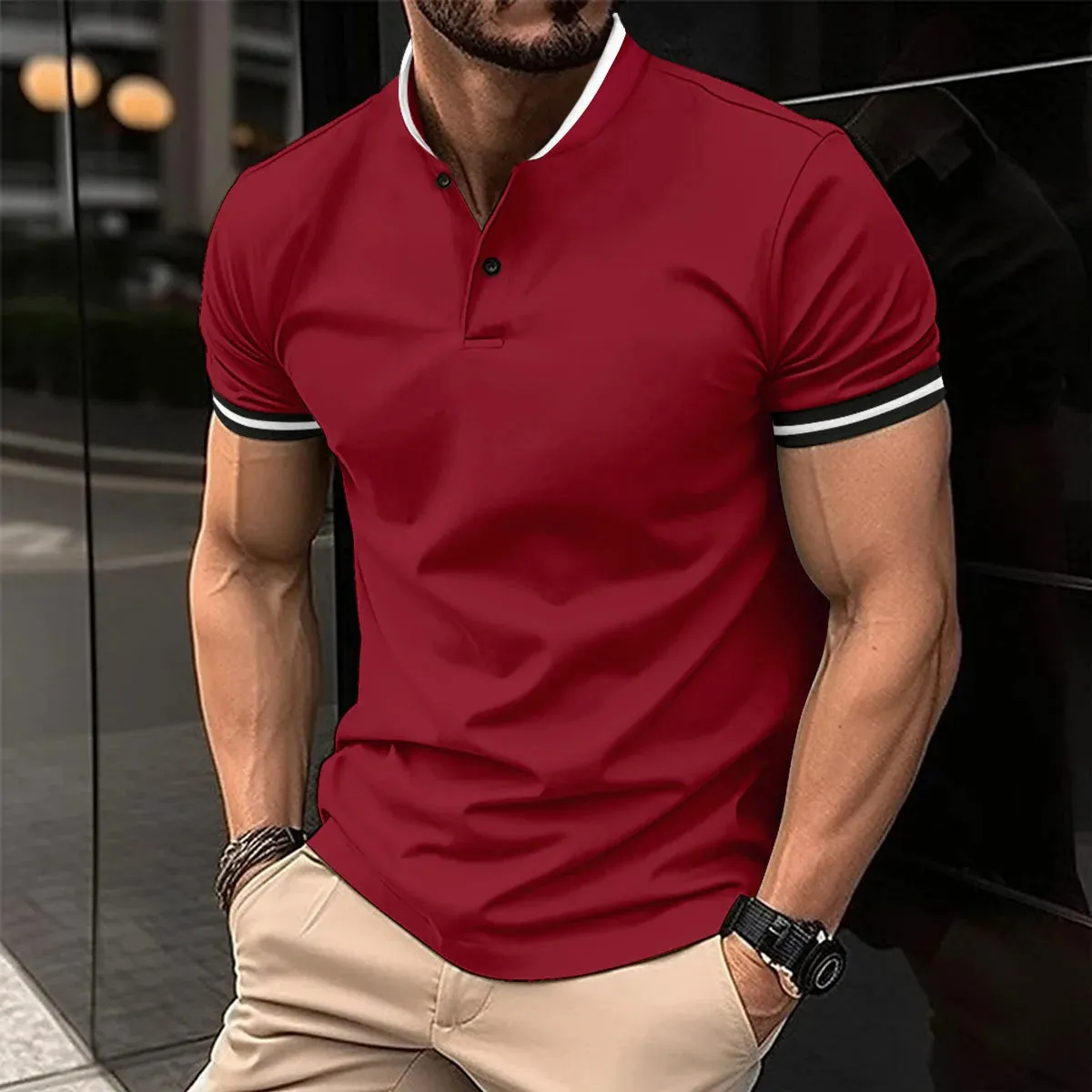 Men's Casual Short Sleeve Polo Shirt-Summer Stand Collar Polo