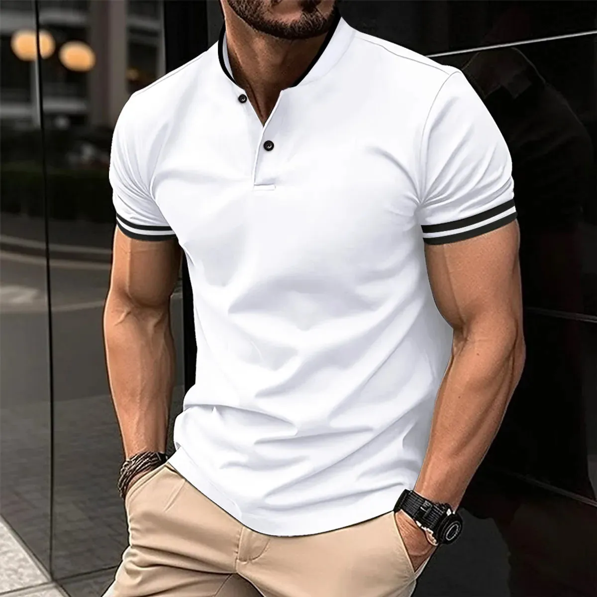 Men's Casual Short Sleeve Polo Shirt-Summer Stand Collar Polo