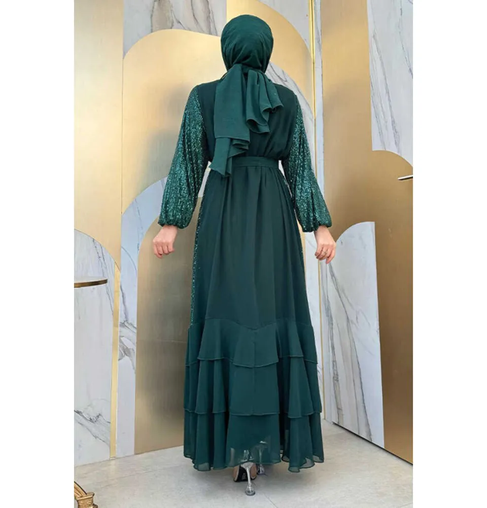 Modern Muslim Woman's Sequins Two Piece Abaya - 8483 Green
