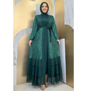 Modern Muslim Woman's Sequins Two Piece Abaya - 8483 Green