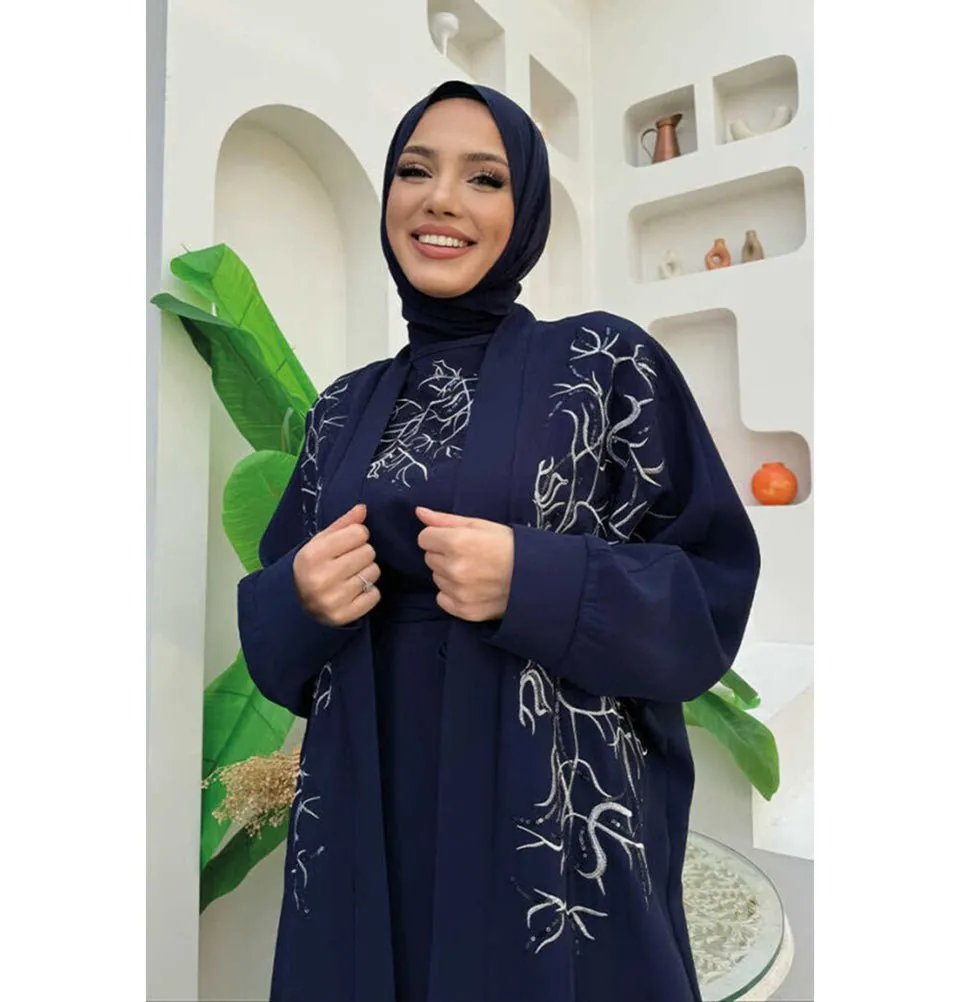 Modest Muslim Woman's Embroidered Golden Roots 2 Piece Abaya - 8486 Navy Blue