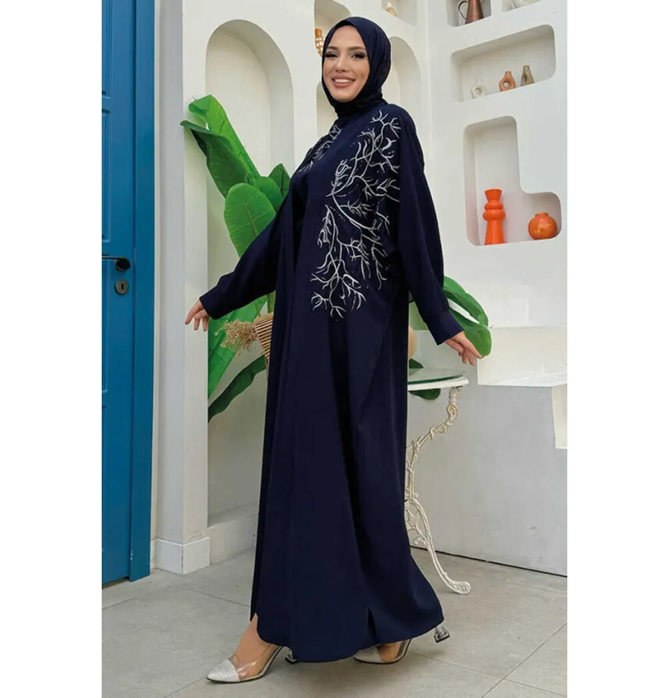Modest Muslim Woman's Embroidered Golden Roots 2 Piece Abaya - 8486 Navy Blue