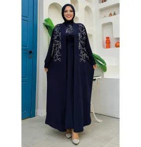 Modest Muslim Woman's Embroidered Golden Roots 2 Piece Abaya - 8486 Navy Blue
