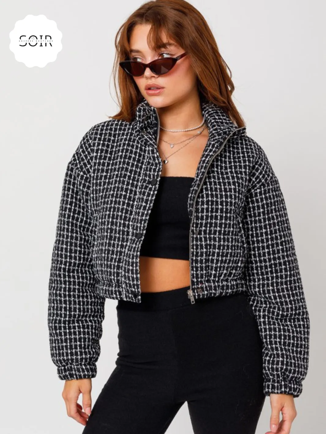 Monochrome Muse Tweed Crop Puffer Jacket