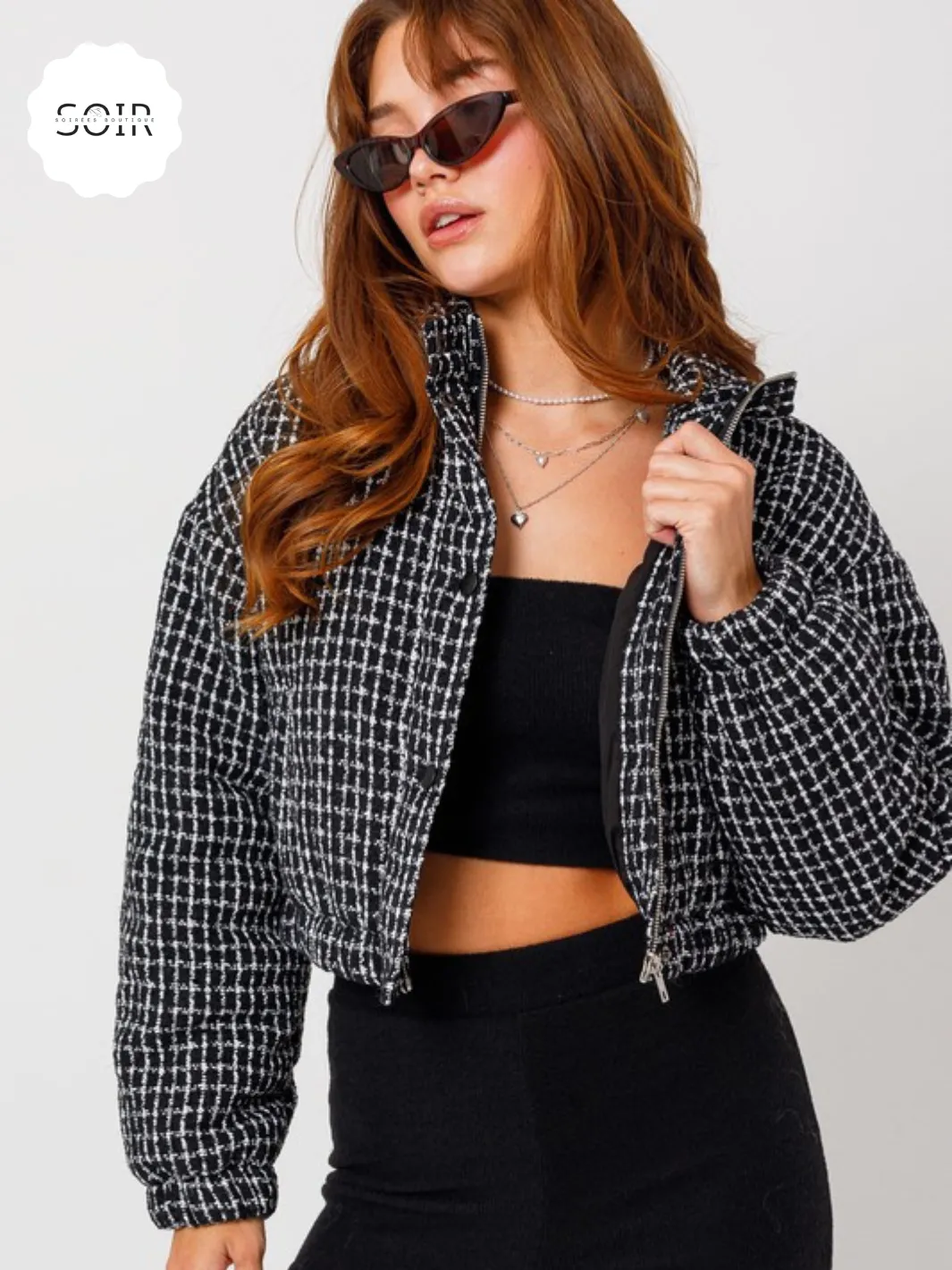 Monochrome Muse Tweed Crop Puffer Jacket
