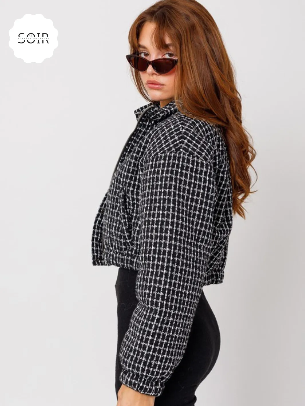 Monochrome Muse Tweed Crop Puffer Jacket