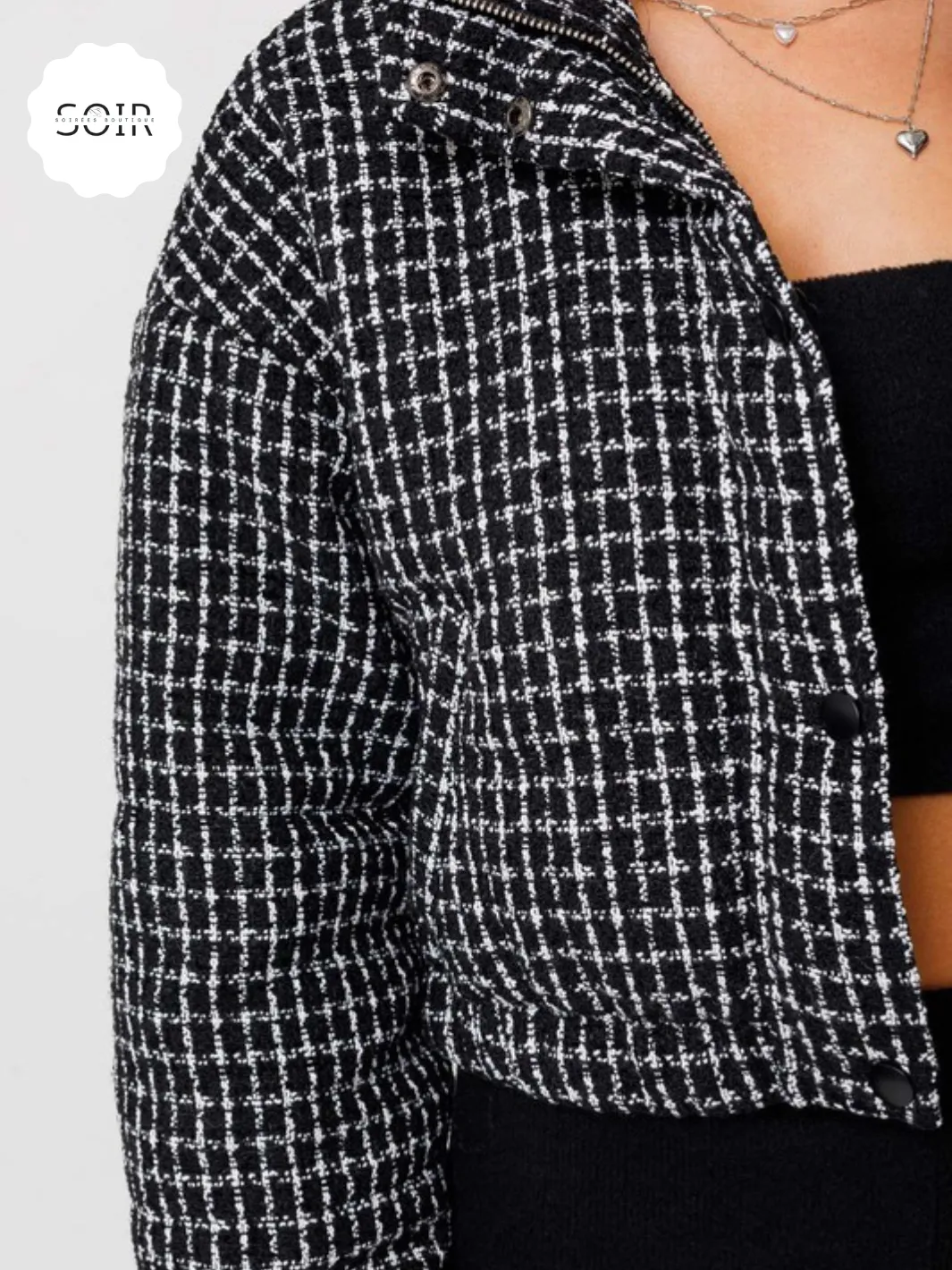 Monochrome Muse Tweed Crop Puffer Jacket