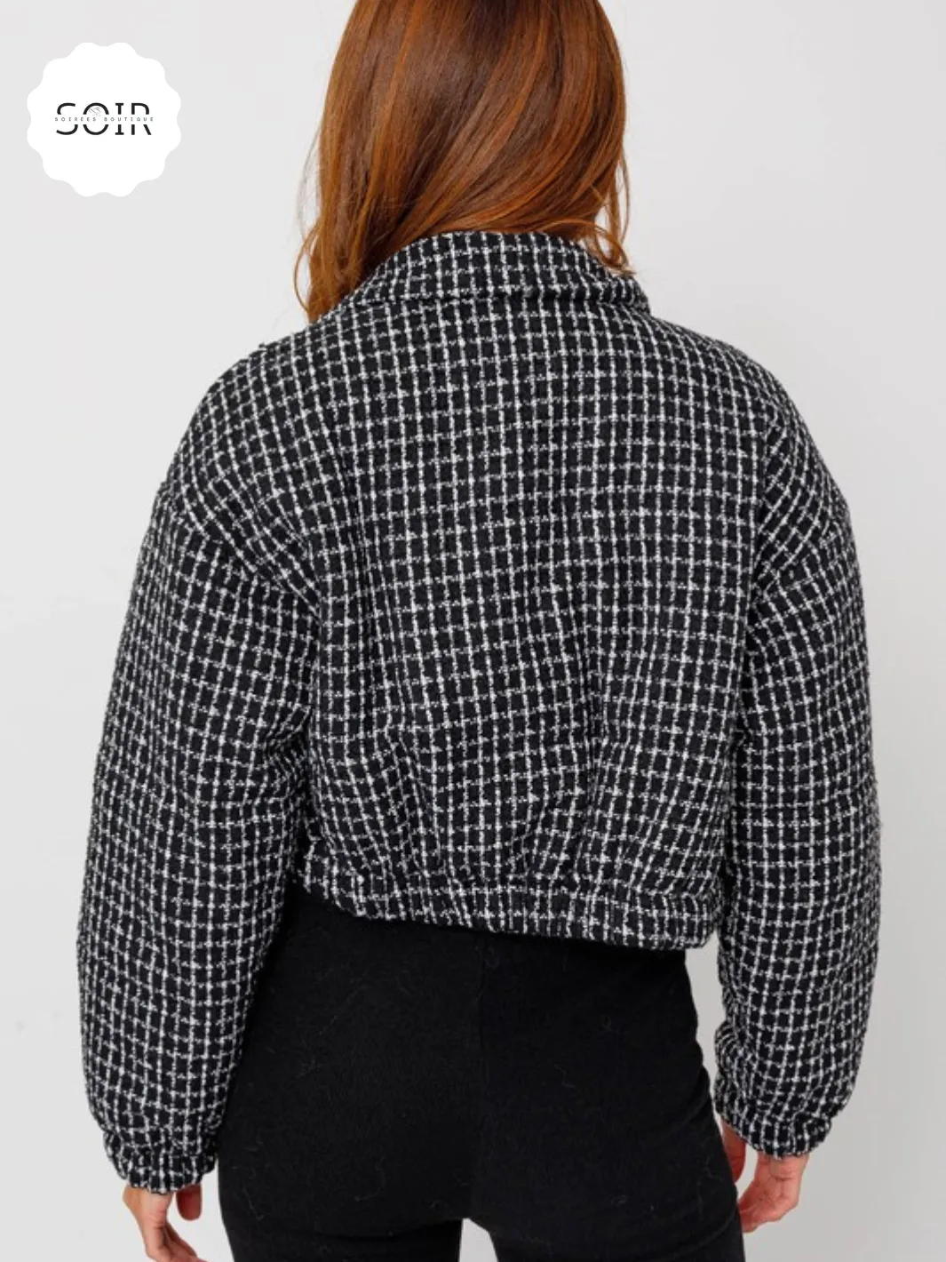 Monochrome Muse Tweed Crop Puffer Jacket