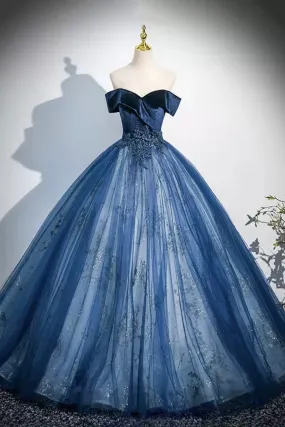 Navy Velvet and Tulle Long Prom Dress, Elegant Off the Shoulder Party Dress