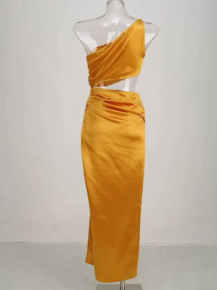 One Shoulder Waist Hollow Satin Maxi Dress