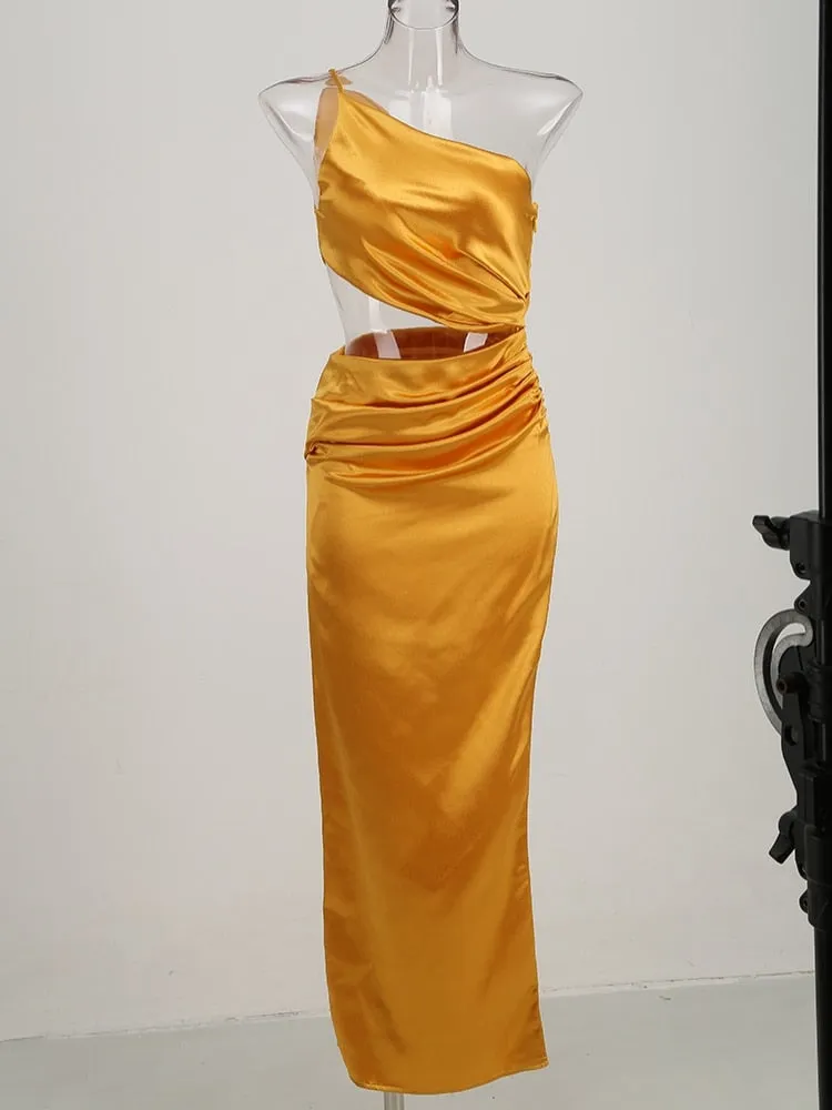 One Shoulder Waist Hollow Satin Maxi Dress