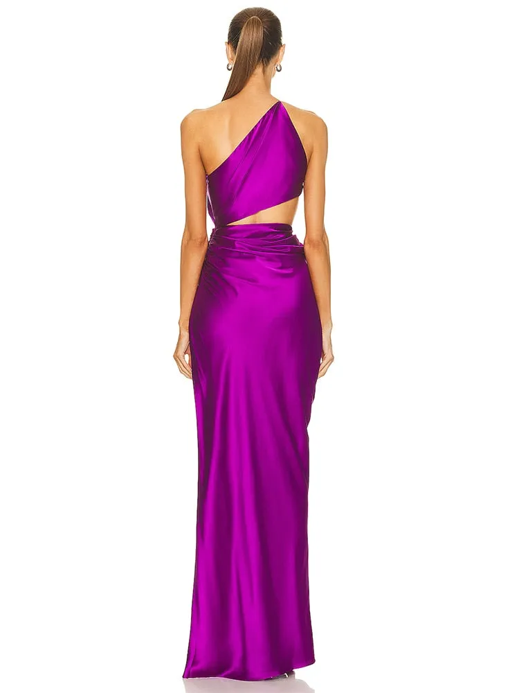 One Shoulder Waist Hollow Satin Maxi Dress
