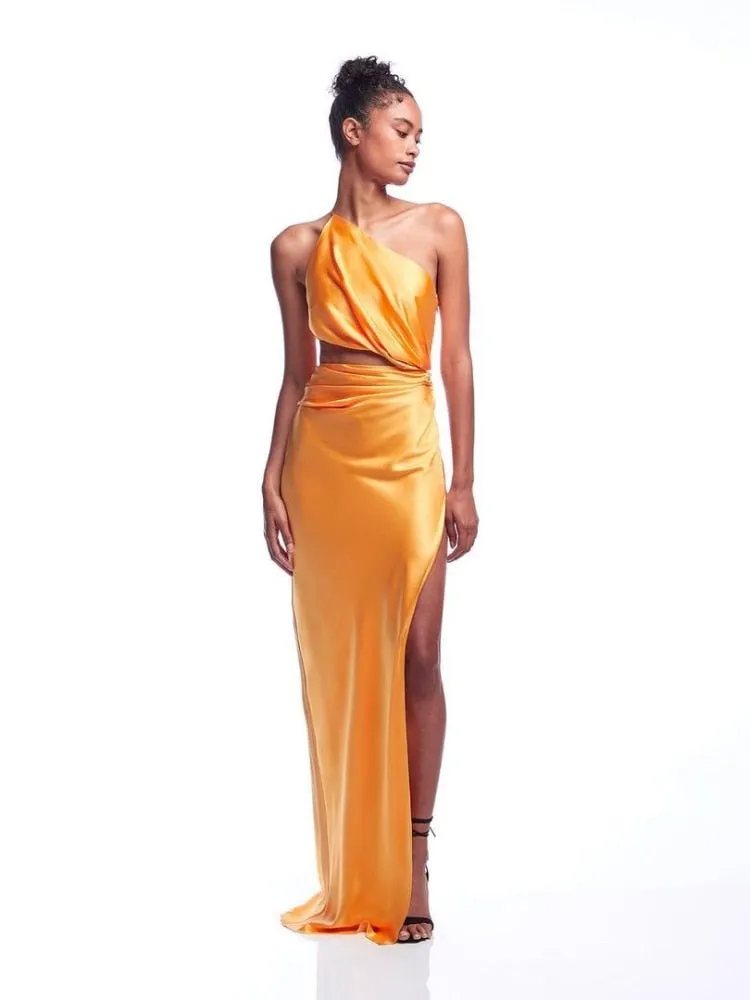 One Shoulder Waist Hollow Satin Maxi Dress