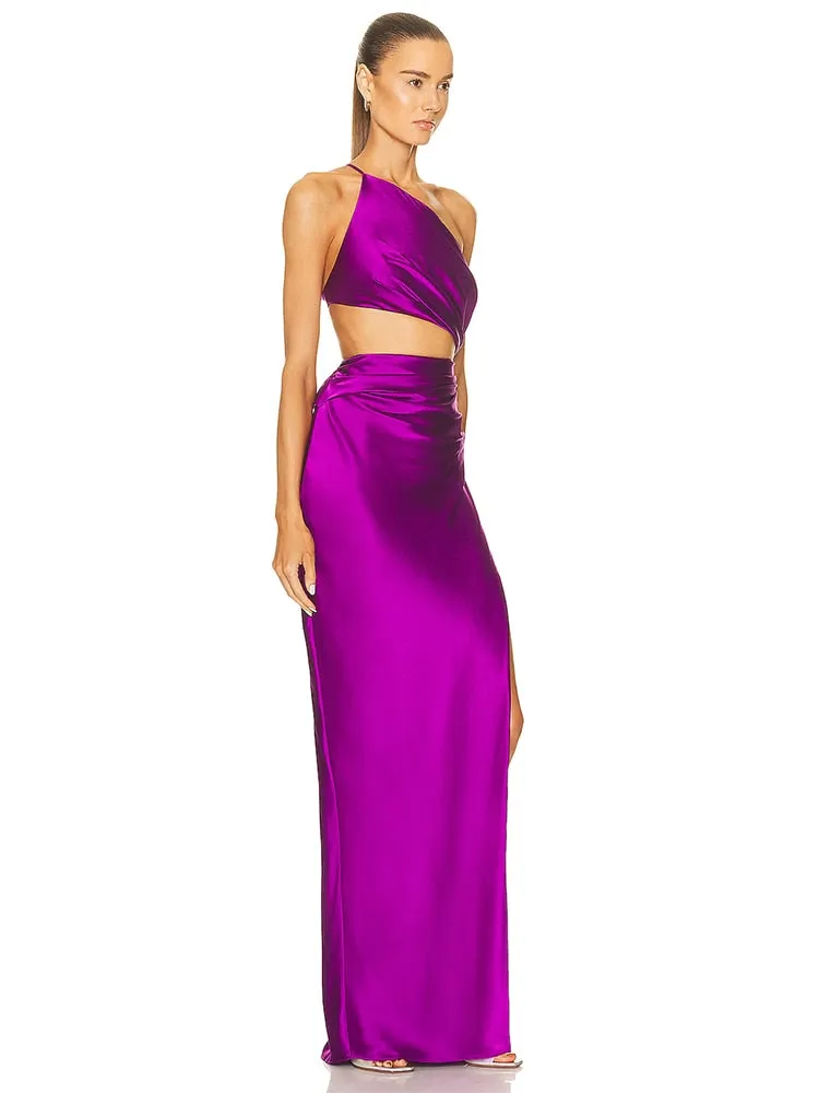 One Shoulder Waist Hollow Satin Maxi Dress