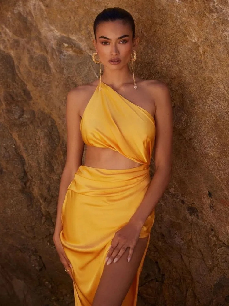One Shoulder Waist Hollow Satin Maxi Dress