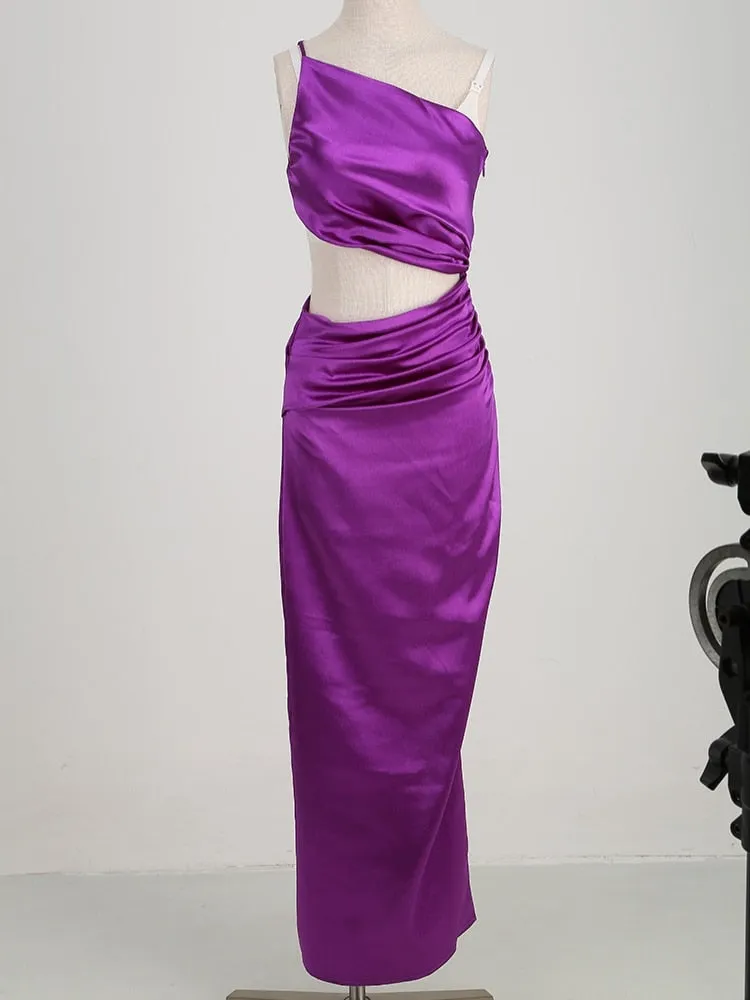One Shoulder Waist Hollow Satin Maxi Dress