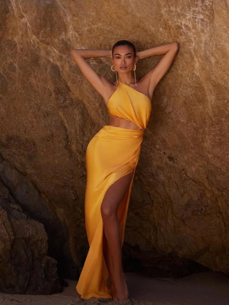 One Shoulder Waist Hollow Satin Maxi Dress