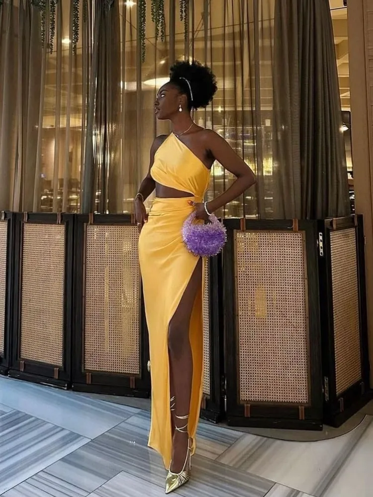 One Shoulder Waist Hollow Satin Maxi Dress