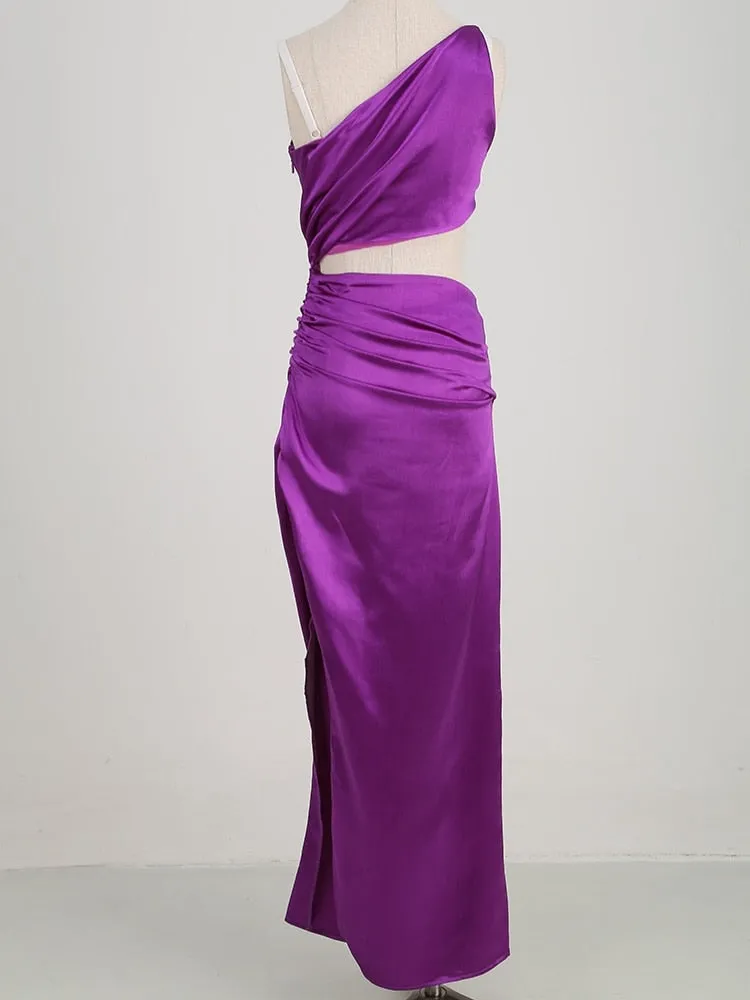 One Shoulder Waist Hollow Satin Maxi Dress