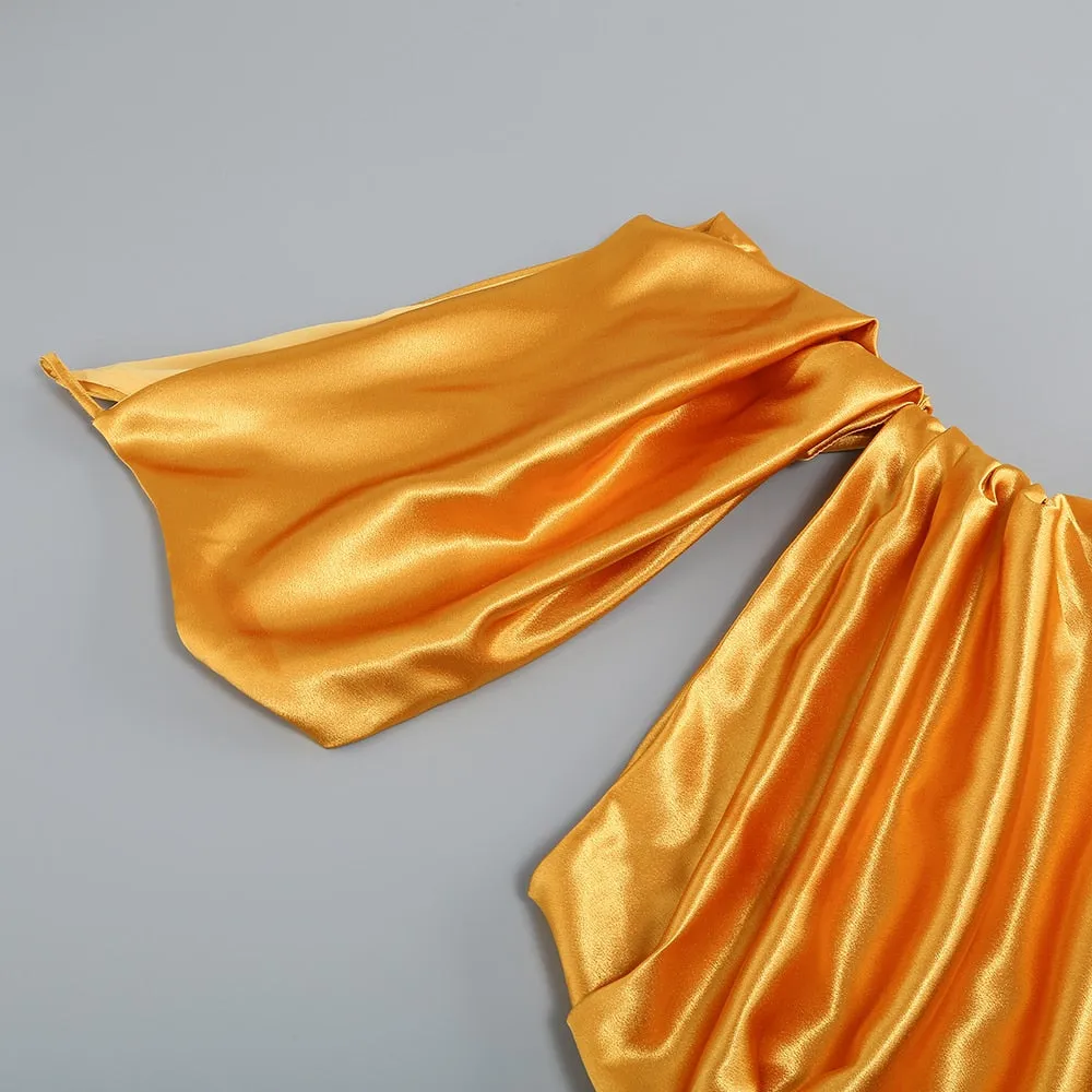 One Shoulder Waist Hollow Satin Maxi Dress