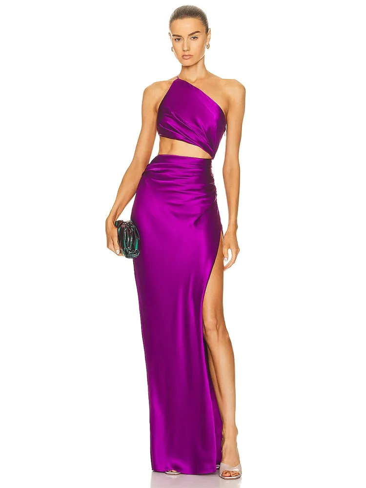 One Shoulder Waist Hollow Satin Maxi Dress