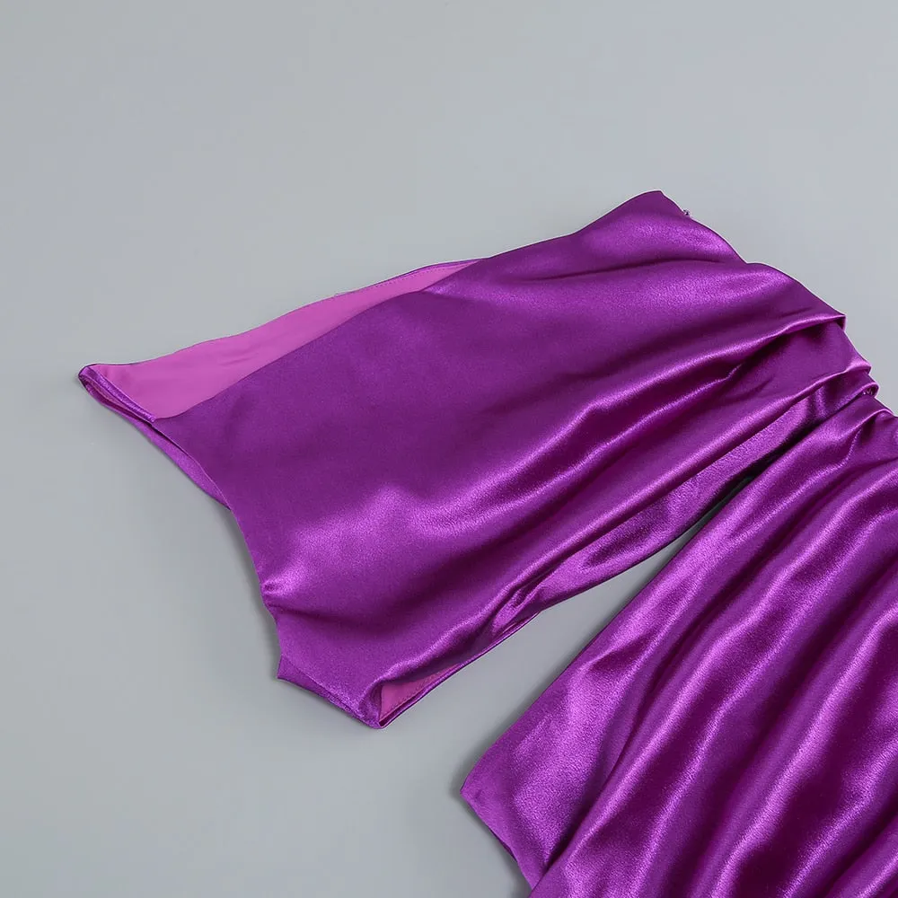 One Shoulder Waist Hollow Satin Maxi Dress