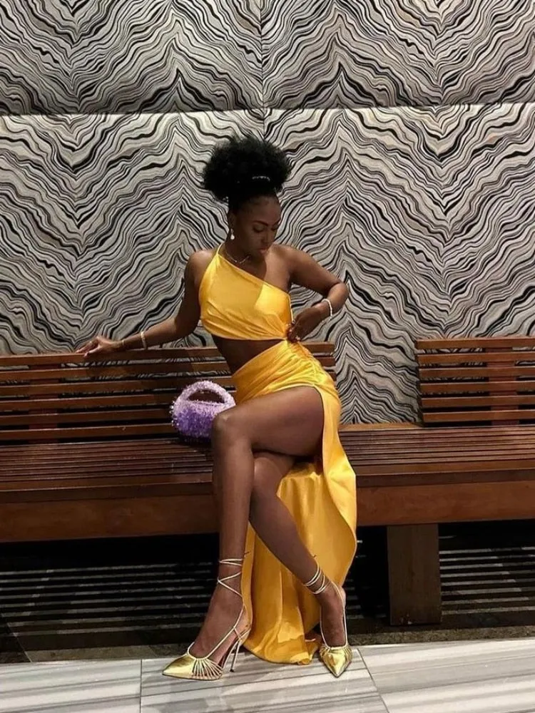 One Shoulder Waist Hollow Satin Maxi Dress