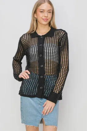 OPEN KNIT COLLARED CARDIGAN