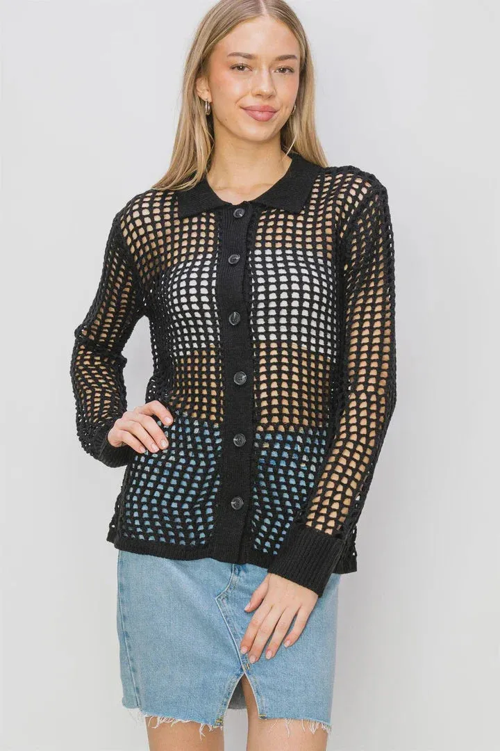 OPEN KNIT COLLARED CARDIGAN