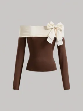 Parien Brown Block Bow Decorated Off Shoulder Top
