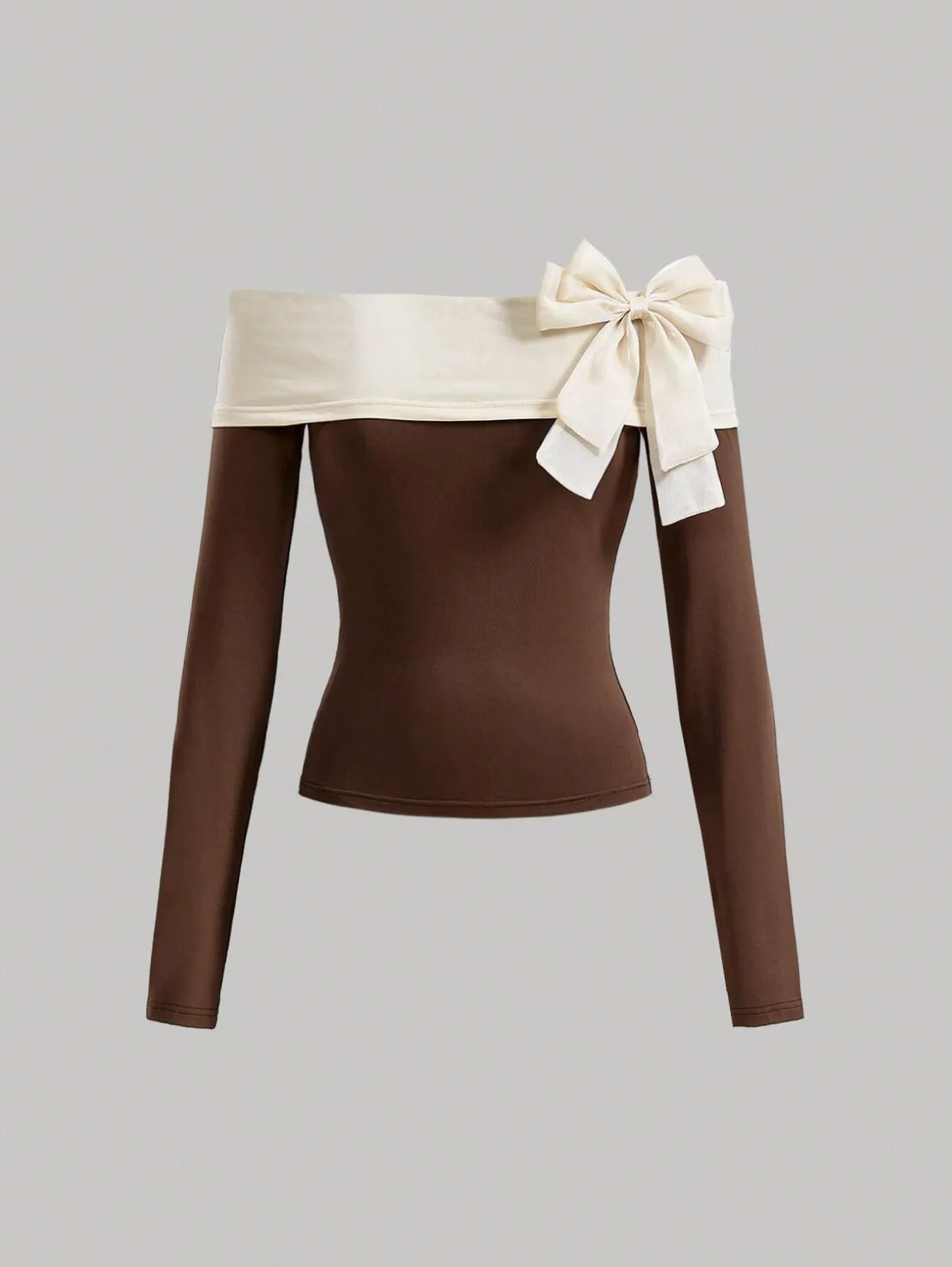 Parien Brown Block Bow Decorated Off Shoulder Top