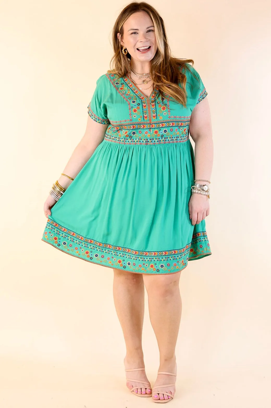 Passing Through V Neck Embroidered Dress with Short Sleeves in Mint Green