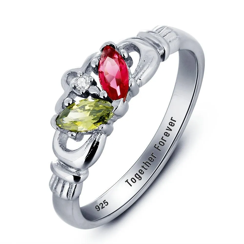 Personalized 925 Sterling Silver Claddagh Ring For Women- Romantic Two Birthstone And Inner Engraving Text